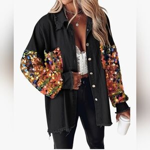 Sequin Sleeve Black Denim Jacket